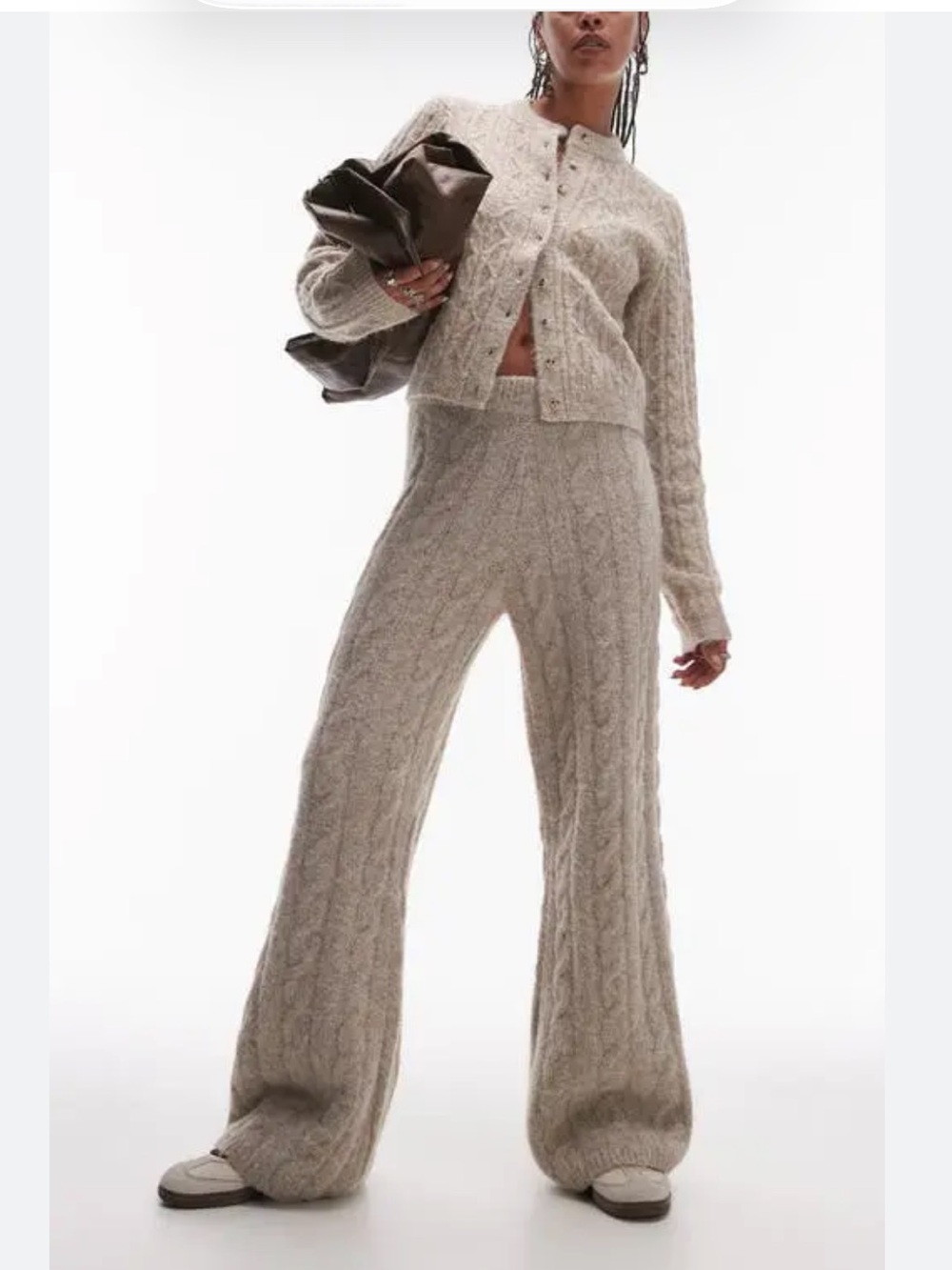 Topshop Fluffy Cable Knit Wide-Leg Pants and button down cardiganin Stone Beige